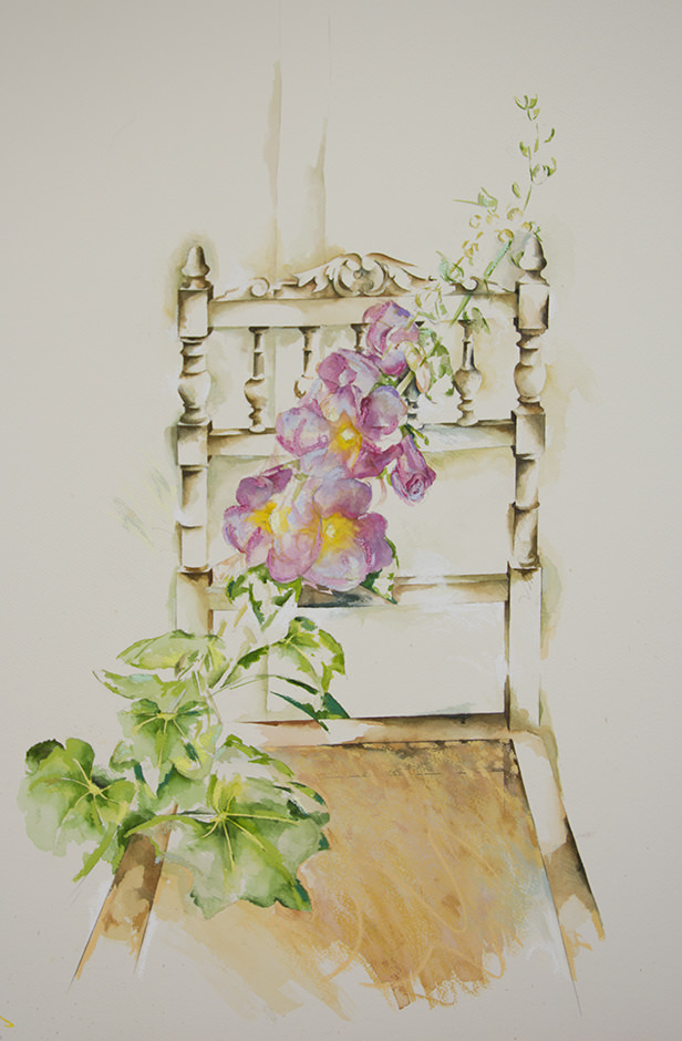 Hollyhocks With Chair